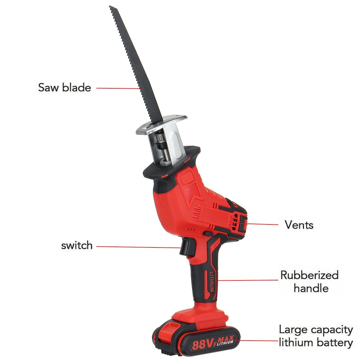 88V Cordless Lithium Battery Reciprocating Saw Wood/Metal Cutting Saw Saber Saw Portable Electric Saw Rechargeable Power Tool