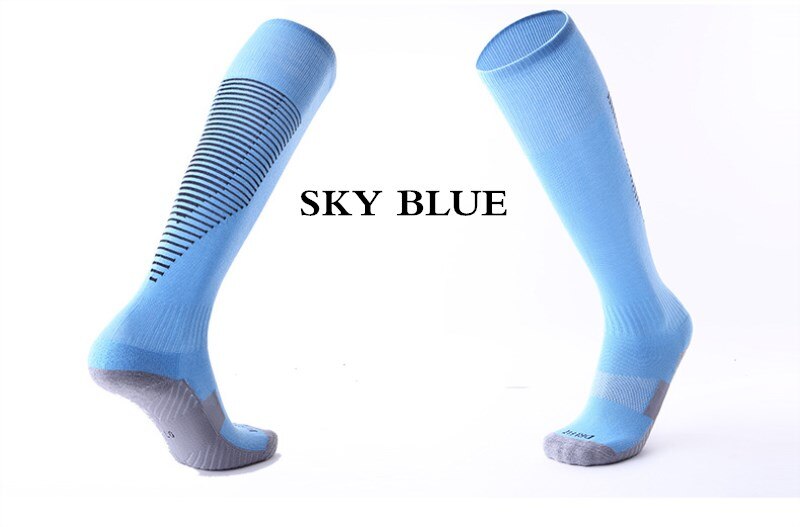 Adult Kids Sports Soccer Socks Color Stripe Long Stocking Knee High Football volleyball breathable Children Sock: sky blue / for kids size