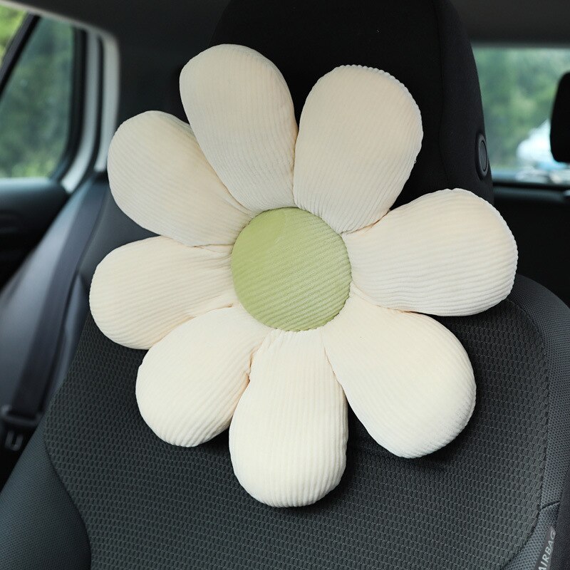 Nekkussen auto pluche hoofdsteun bloem auto nekkussen vrouwenkussen lendensteun schouderbeschermer: Beige witte hoofdsteun