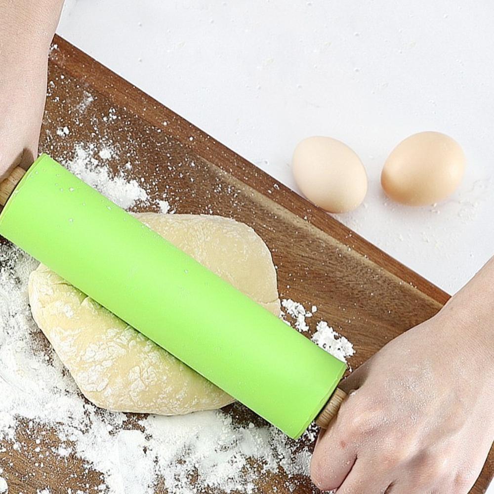 S/M/L Non-Stick Wooden Handle Silicone Rolling Pin Pastry Dough Flour Roller Kitchen Baking Cooking Tools Christmas Rolling Pin