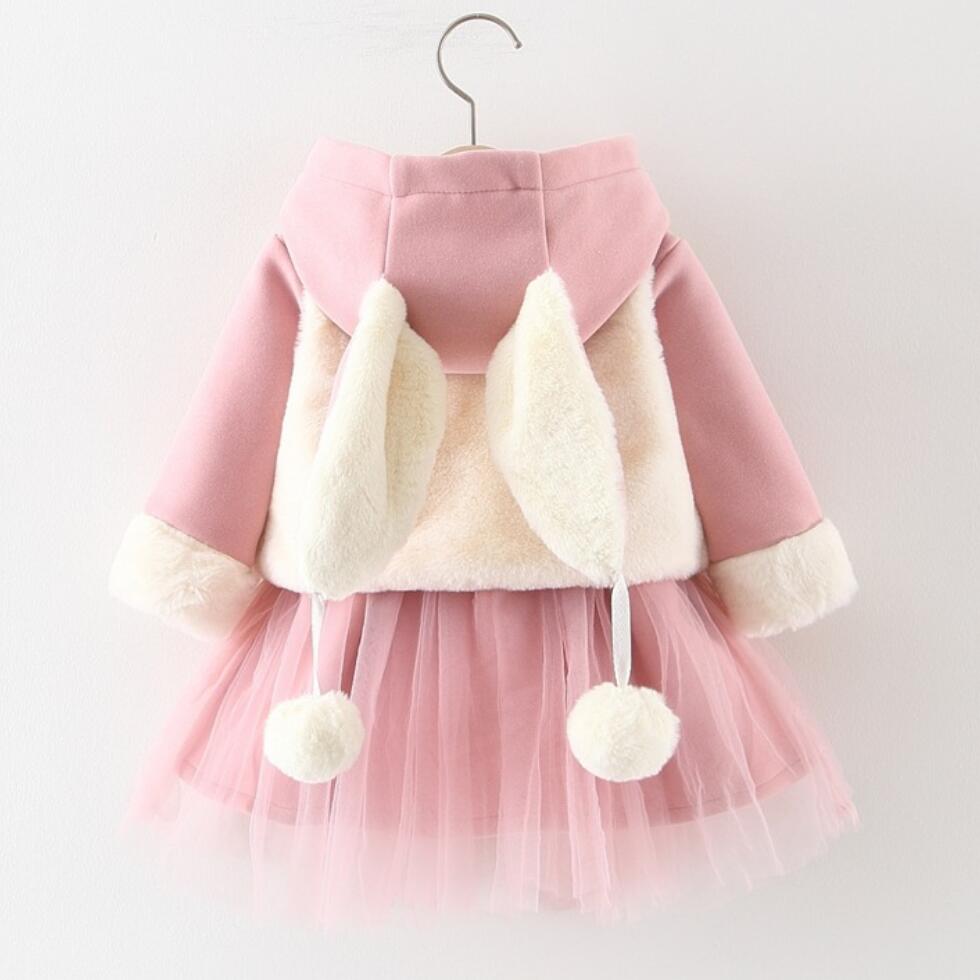 Moda uszy królika dziewczynka sukienka zimowa ładny gruby kaszmir sukienka + kwiat futro kamizelka dziewczyny odzież 2 sztuk zestaw dla 1 2 3 4 5 lat: różowy / 3T
