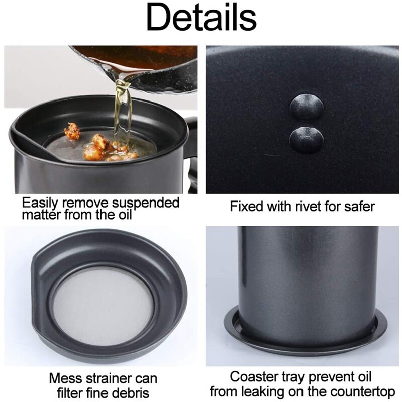 Contenedor de grasa, almacenamiento de aceite de Bacon con filtro de malla fina, lata de cocina negra de 1,3 L para aceite de cocina usado, grasa, aceite para freír