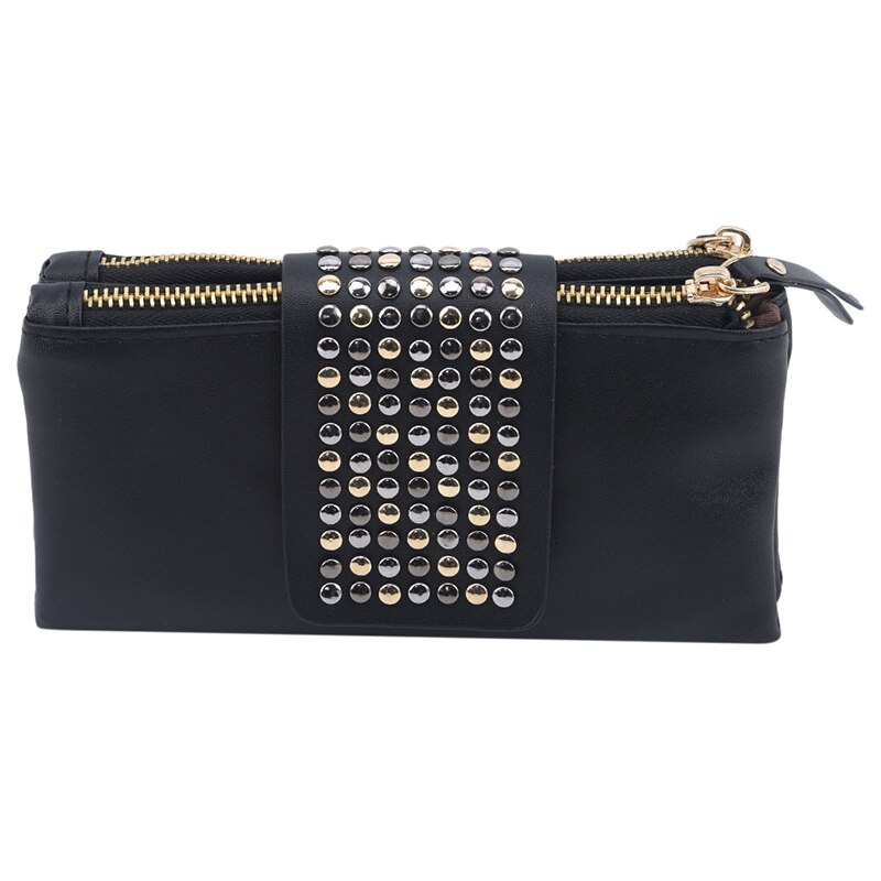 Women&#39;s Clutch Bag European And American Studded Black PU Soft Leather Mid-length Ladies Dinner With Double Zip Wallet