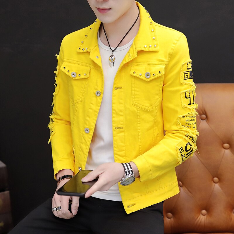 Spring white denim jacket men korean clothes Slim men jacket spring Handsome rivet bomber jacket men