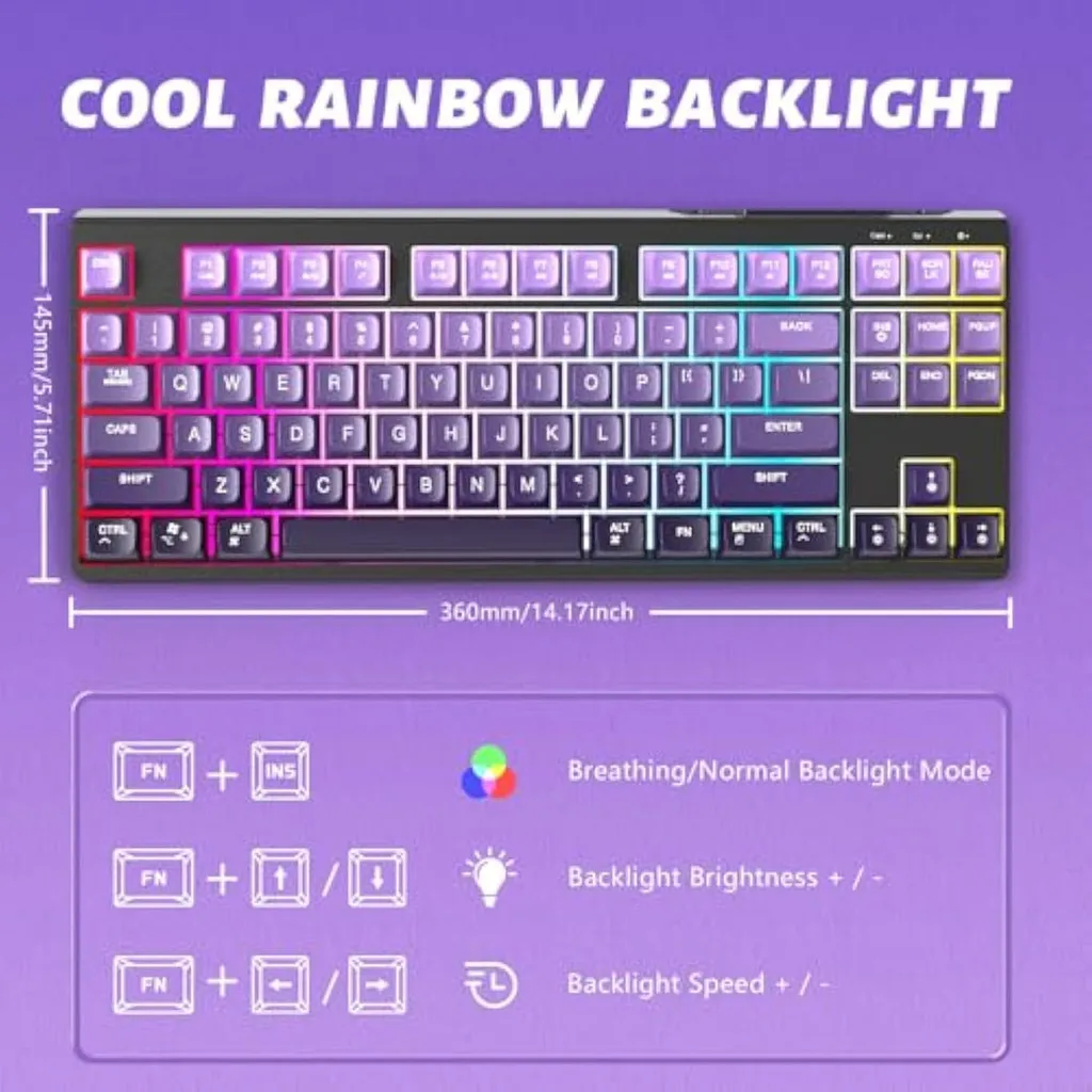 Clavier de jeu sans fil Free Wolf M87 75% – Commutateurs silencieux, rétroéclairage arc-en-ciel, BT/2.4G, capuchons de touches dégradés PBT, compacte