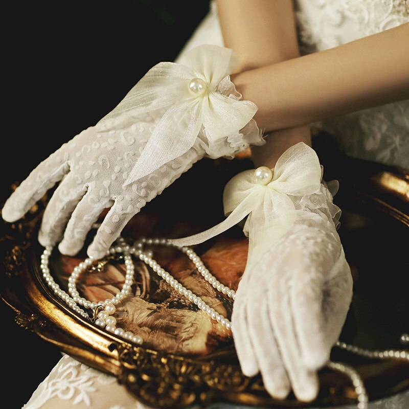Guantes de encaje de dedo blanco corto para dama de honor, manoplas de actuación para de baile, boda, dama de honor,: Default Title