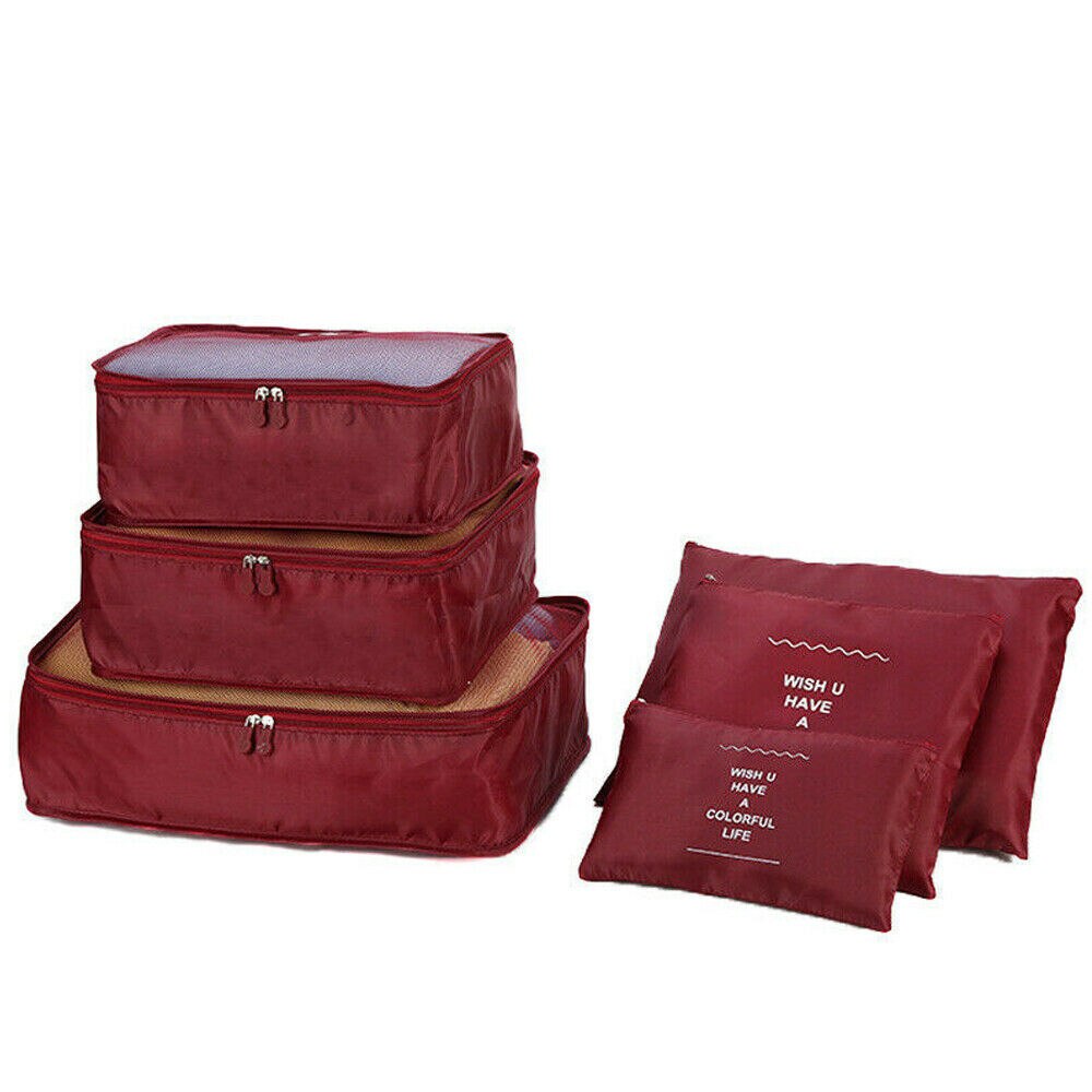 6 pièces/ensemble sac de rangement | Ensemble de sac de rangement de voyage, sac de rangement pour vêtements, boîte de valise pochette, organisateur, conteneur Portable, sacs étanches: Bourgogne