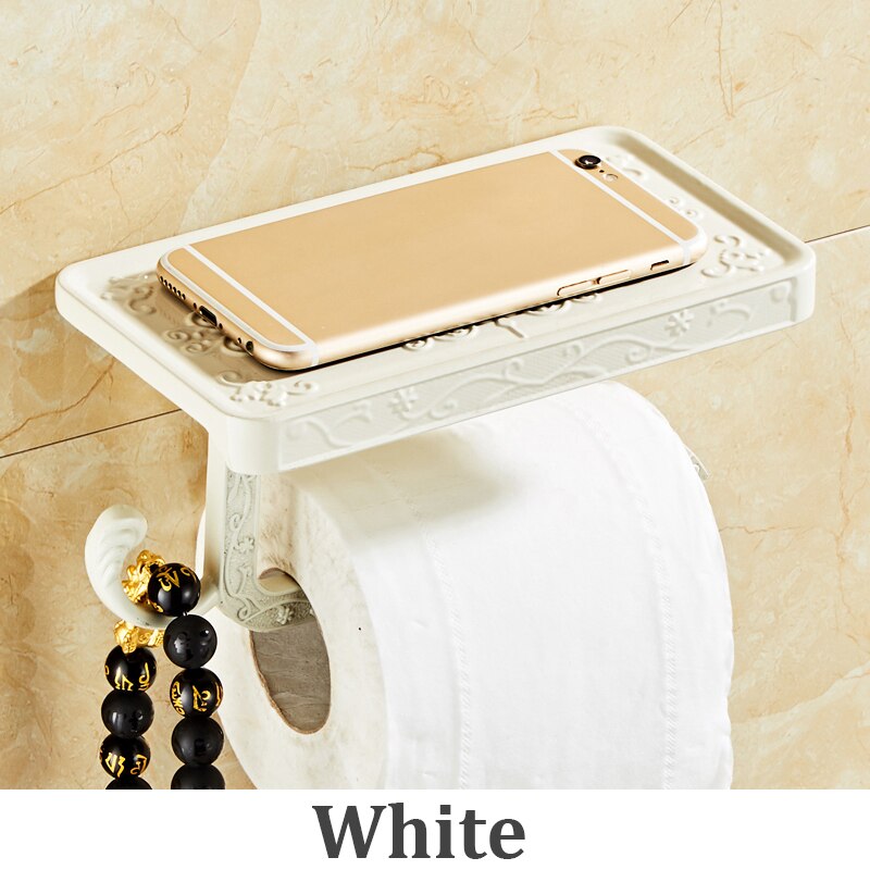 Antik vintage bronze udskæring badeværelse med telefonhylde håndklæde rulle væv aluminium rack toiletpapir holder vægbokse: Hvid