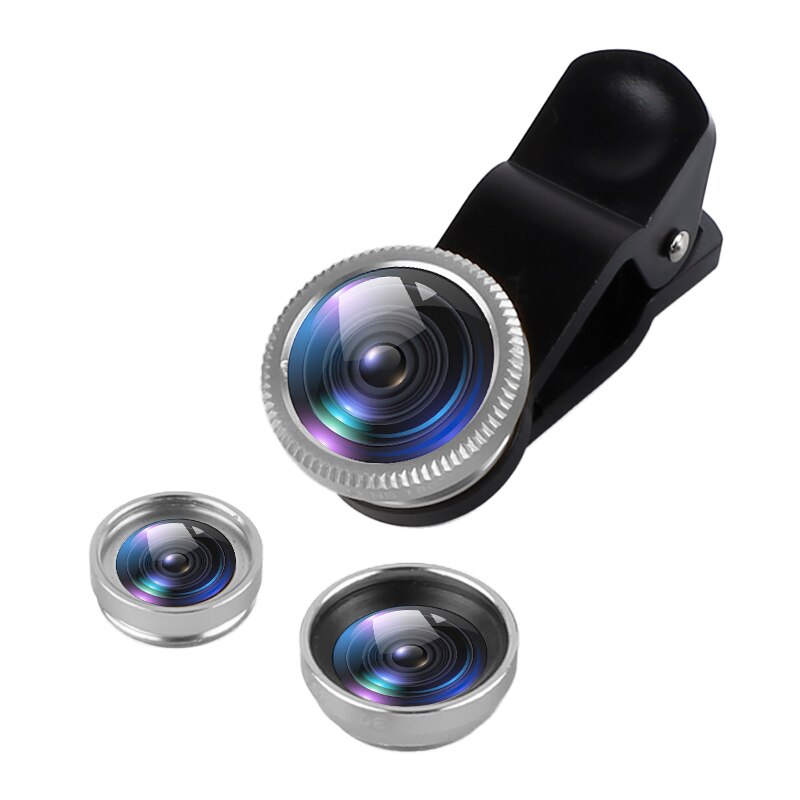3 in 1 vidvinkel makro 180 graders fiskeøjeobjektiv kamera kits mobiltelefon fisk øjenlinser med klip 0.67x til iphone samsung htc: Sølv