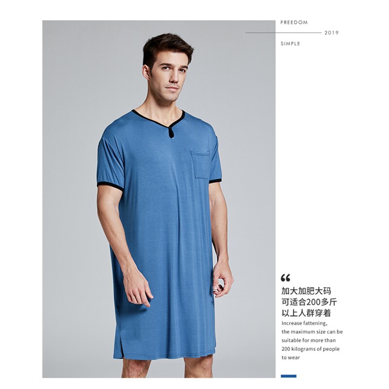 Zomer Dunne Mannen Pyjama Effen Korte Mouwen Pyjama Night Robe Badjas Mannelijke Katoen Losse Badjas Nachtkleding Plus Size: Blauw / Xxxl