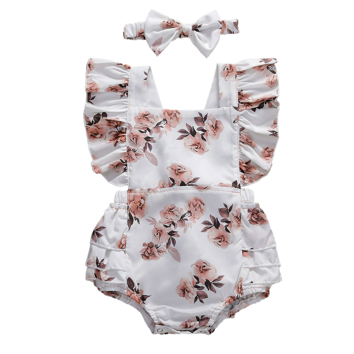 0-24M Zomer Peuter Kids Baby Meisjes Jongens Bodysuits Bloemen Print Ruches Korte Mouw Jumpsuits Hoofdband 2 Stuks: WHITE / 24M