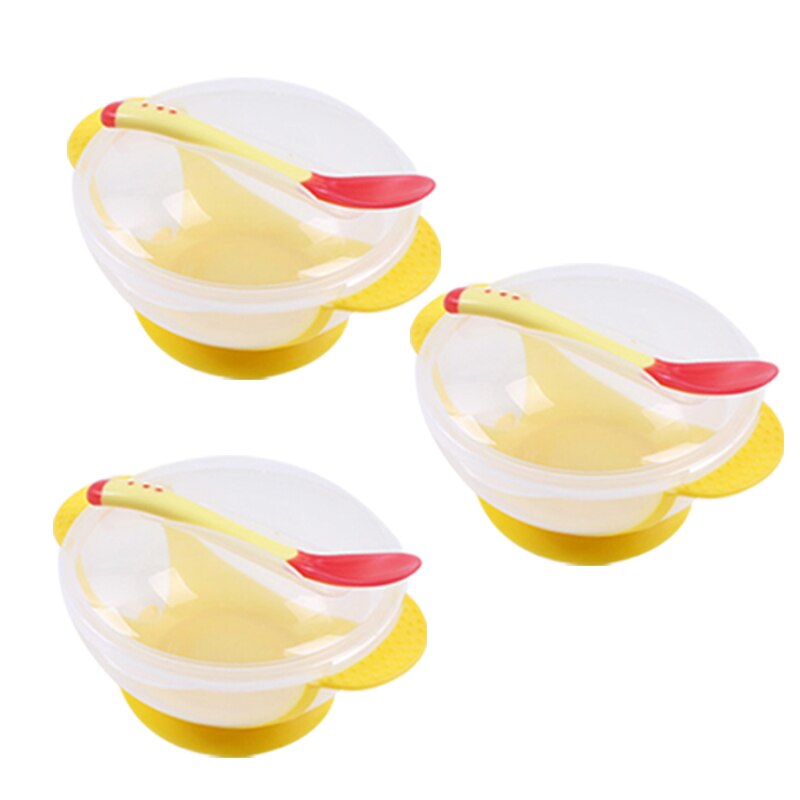3set Temperature Sensing Feeding Spoon Child Tableware Food Bowl Learning Dishes Plate Suction Cup Baby Dinnerware Set: Yellow Cover
