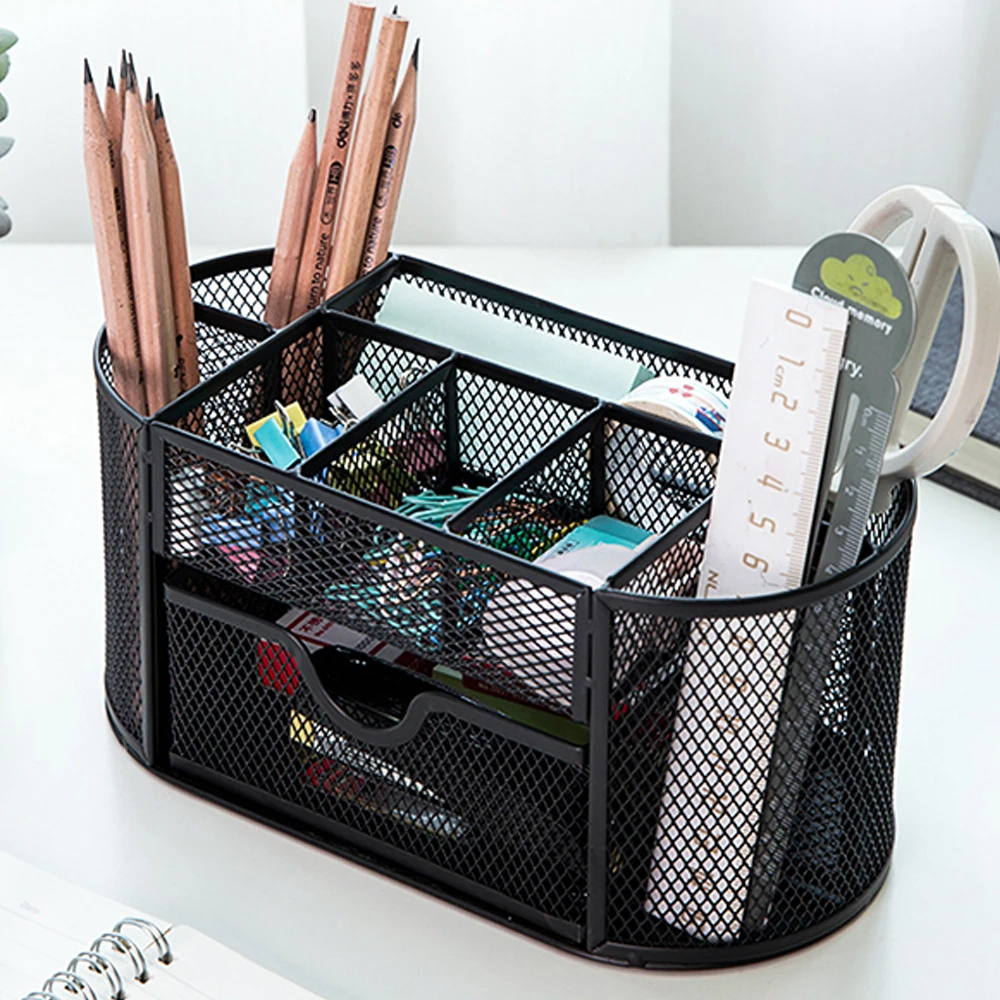 Organizador de escritorio de malla metálica, organizador de escritorio para oficina, soporte de almacenamiento, lápiz, bolígrafo, artículos diversos, caja de insignias, suministros de papelería