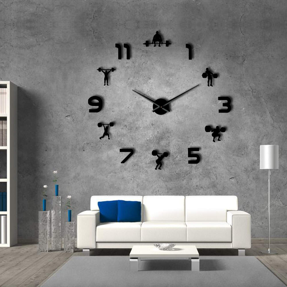 Large Weightlifting Fitness Room Wall Decor DIY Giant Clock Mirror Effect Powerlifting Frameless Wall Clock Hercules Wall Watch