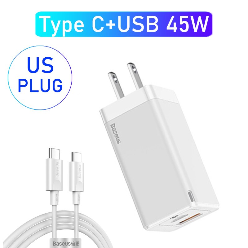 Baseus Gan Lader 45W Pd Usb Charger Quick Charge 4.0 3.0 Dual Usb Telefoon Oplader Forip Voor Huawei Mate 10 Voor Samsung Laptop: 1C1U White US