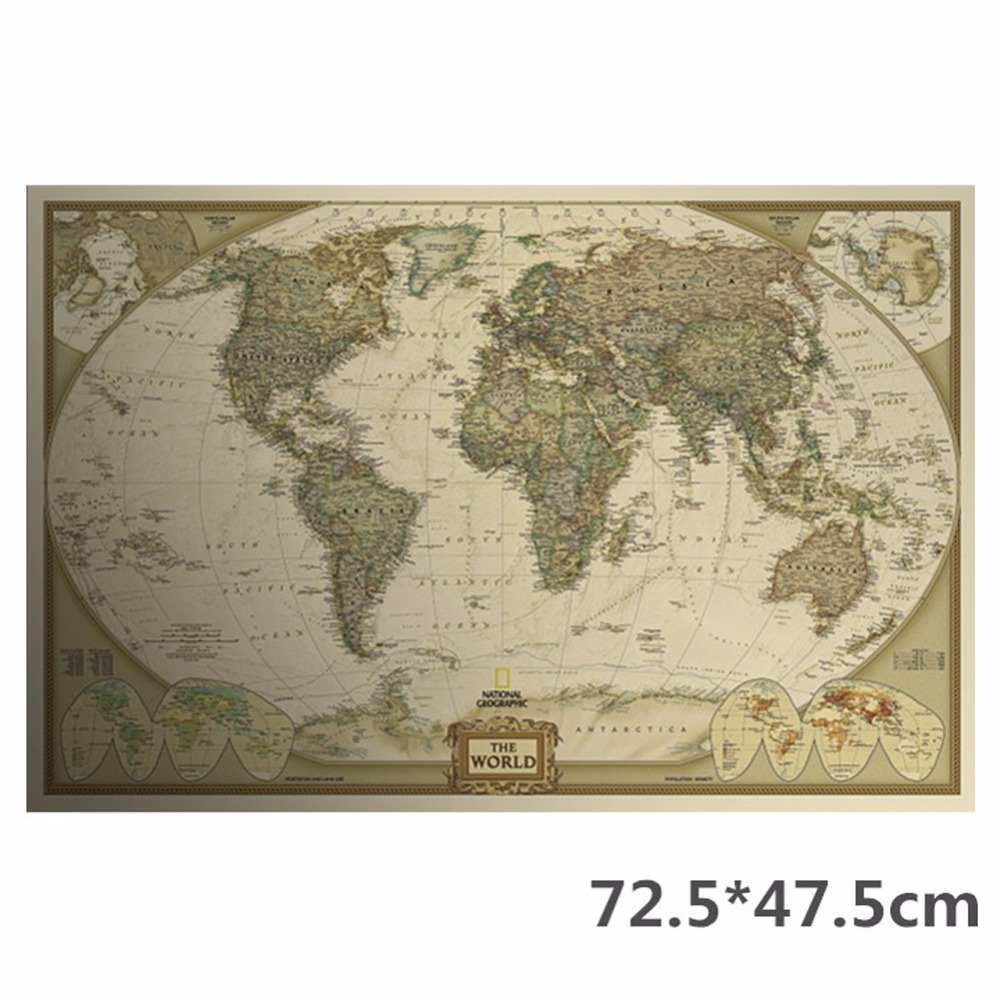 1 Pc of Classic Retro Kraft-Paper The-World Map for School and Office