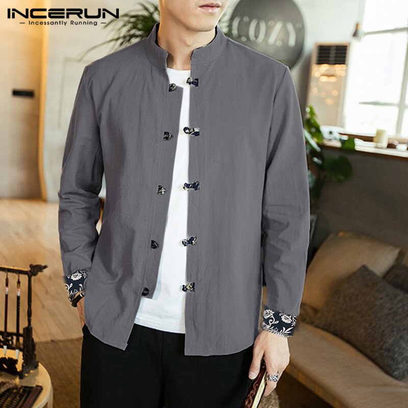 Incerun vintage heren overhemd katoen lange mouw effen mandarijn kraag streetwear camisa chinees traditioneel casual heren overhemd