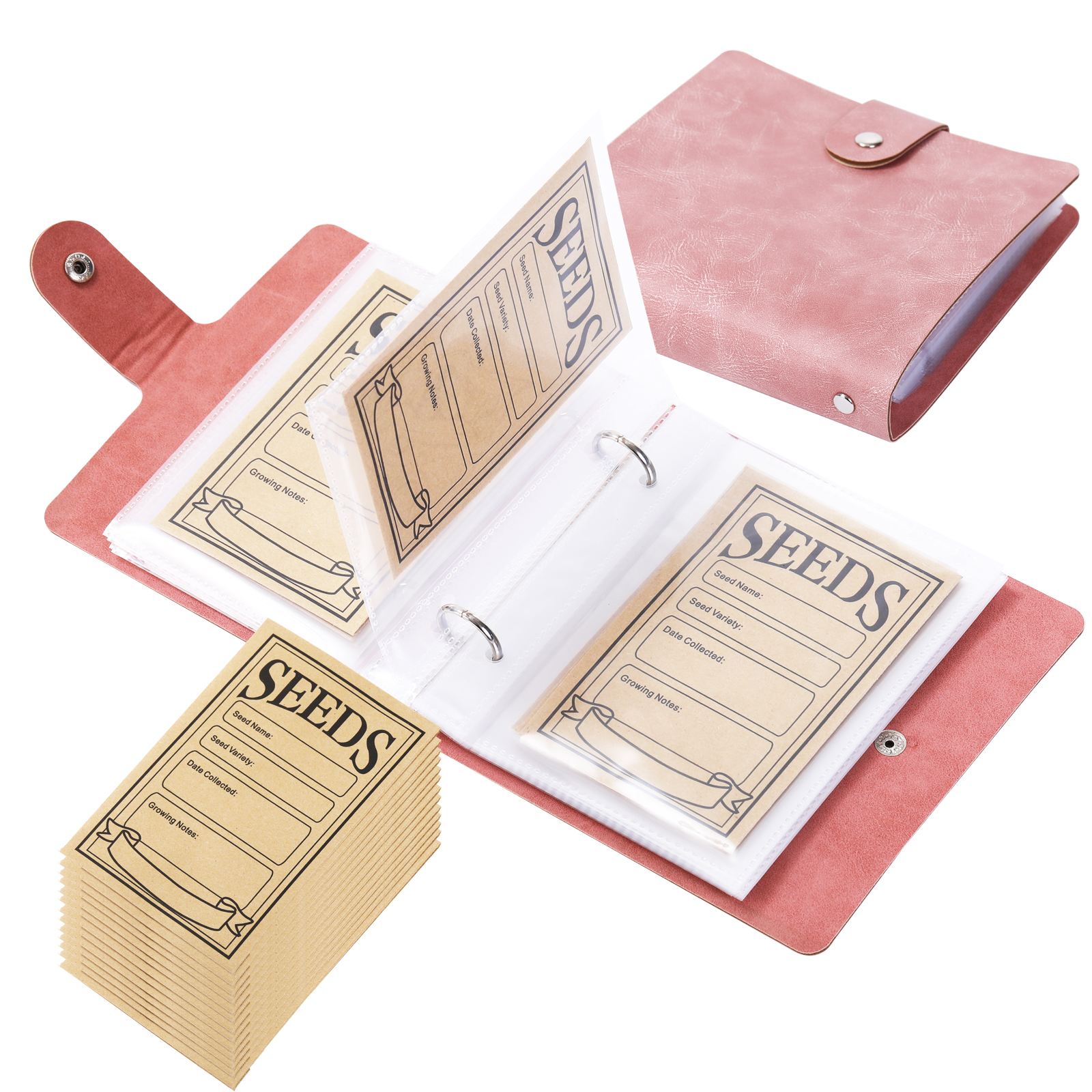 1 Juego de organizadores de almacenamiento de semillas de jardín, carpeta organizadora de semillas con 50 Uds. Sobres de semillas autosellados, organizador de paquetes de semillas, semillas: Rosa