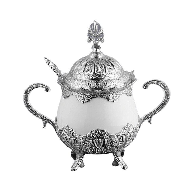 Turkish Delight and Sugar Bowl Porcelain and Zamak Round Turkish Decorative Authentic Medieval Style Wedding Home: Silver