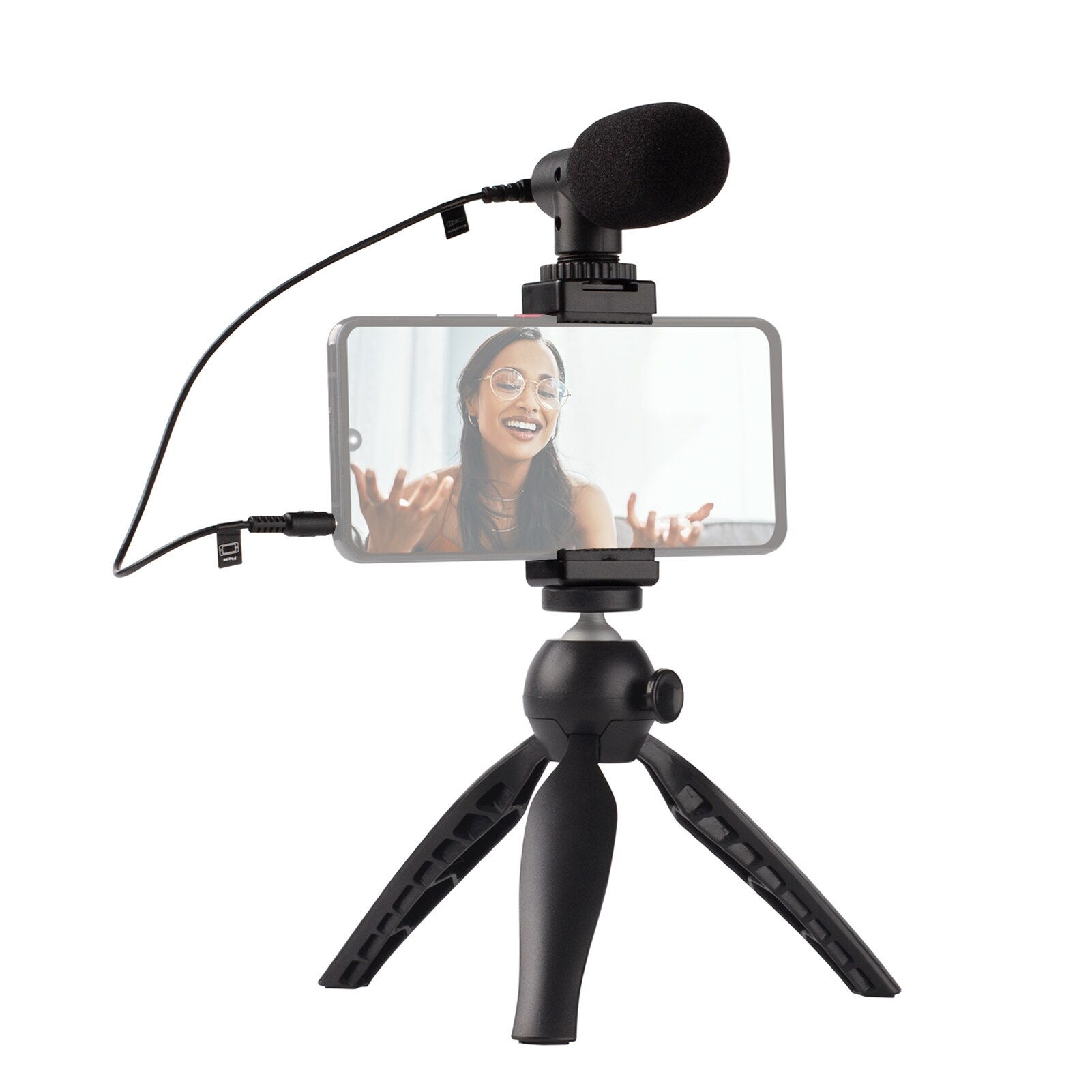 Portable Smartphone Video Kit Phone Video Rig with Cardioid Microphone + Adjustable Phone Holder + Mini Desktop Ballhead Tripod: black