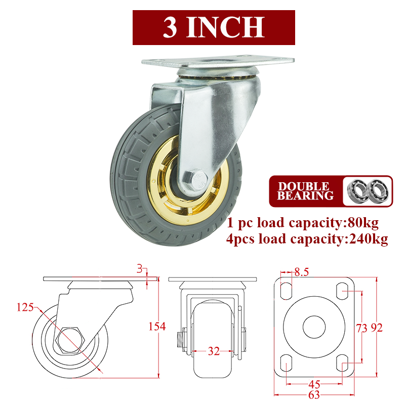 Casters Heavy Loads Rubber Swivel For Furniture Wheels Mover Noiseless Shelf Wheelbarrow Cart Hardwares Transporter Tire Trolley