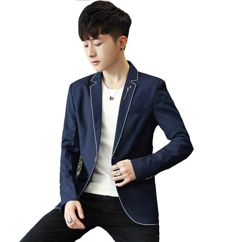 Mens casual blazers pak jasje Witte rand poly viscose Mannelijke kleding voorjaar slanke M-3XL revers pin