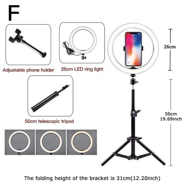 LED Beauty Ring Light Camera Photo Studio Phone Video Photography Dimmable Ring Lamp+Tripod for Selfie: Size F
