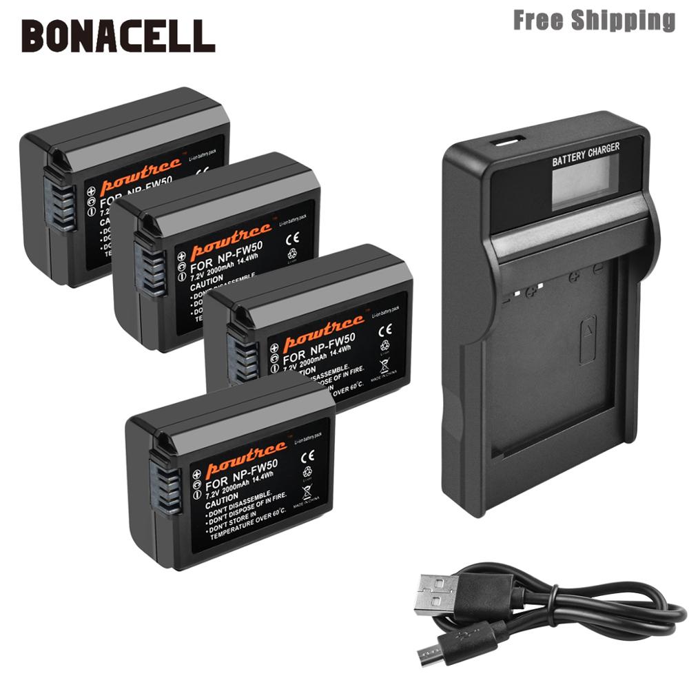 Bonacell 2000 mah np -fw50 np fw50 batteri+lcd laddare akku för sony nex -7 nex -5n nex -5r nex -f3 nex -3d alpha  a5000 a6000 l50: 4 x batteriladdare