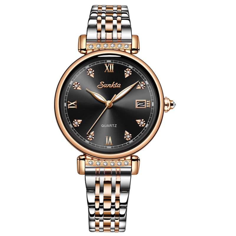 Sunkta Vrouw Horloges Rose Goud Top Luxe Horloge Vrouwen Quartz Waterdichte Vrouwen Horloge Dames Meisjes Horloge Klok: Rose gold black