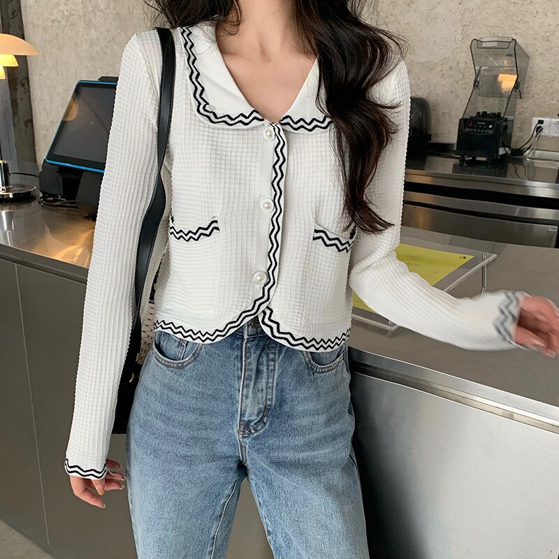 Dames gebreide truien met lange mouwen en omslagkraag, vesten, damesgebreide truien met zakken, chique crop tops voor dames: Wit