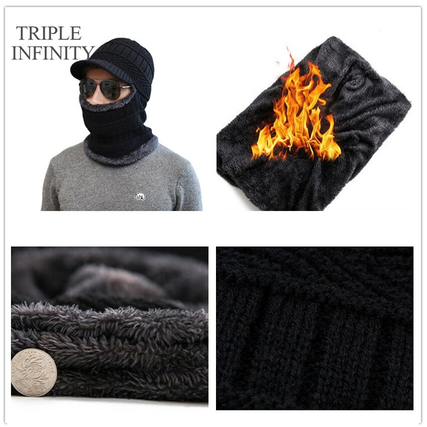 TRIPLE INFINITY Brand Skullies Beanies Winter Knitted Hat Cap Elastic Thick Skin-friendly Warm Ear Protection Bonnet Men's Hats