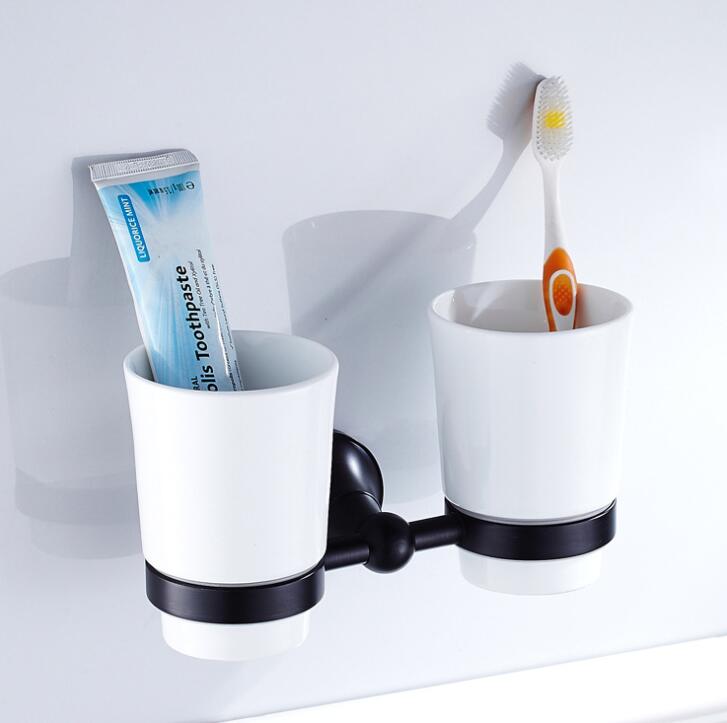 Portavasos y vaso antiguos de latón, soporte para cepillo de dientes antiguo con tazas dobles de cerámica, accesorios de baño, hardware de baño: black