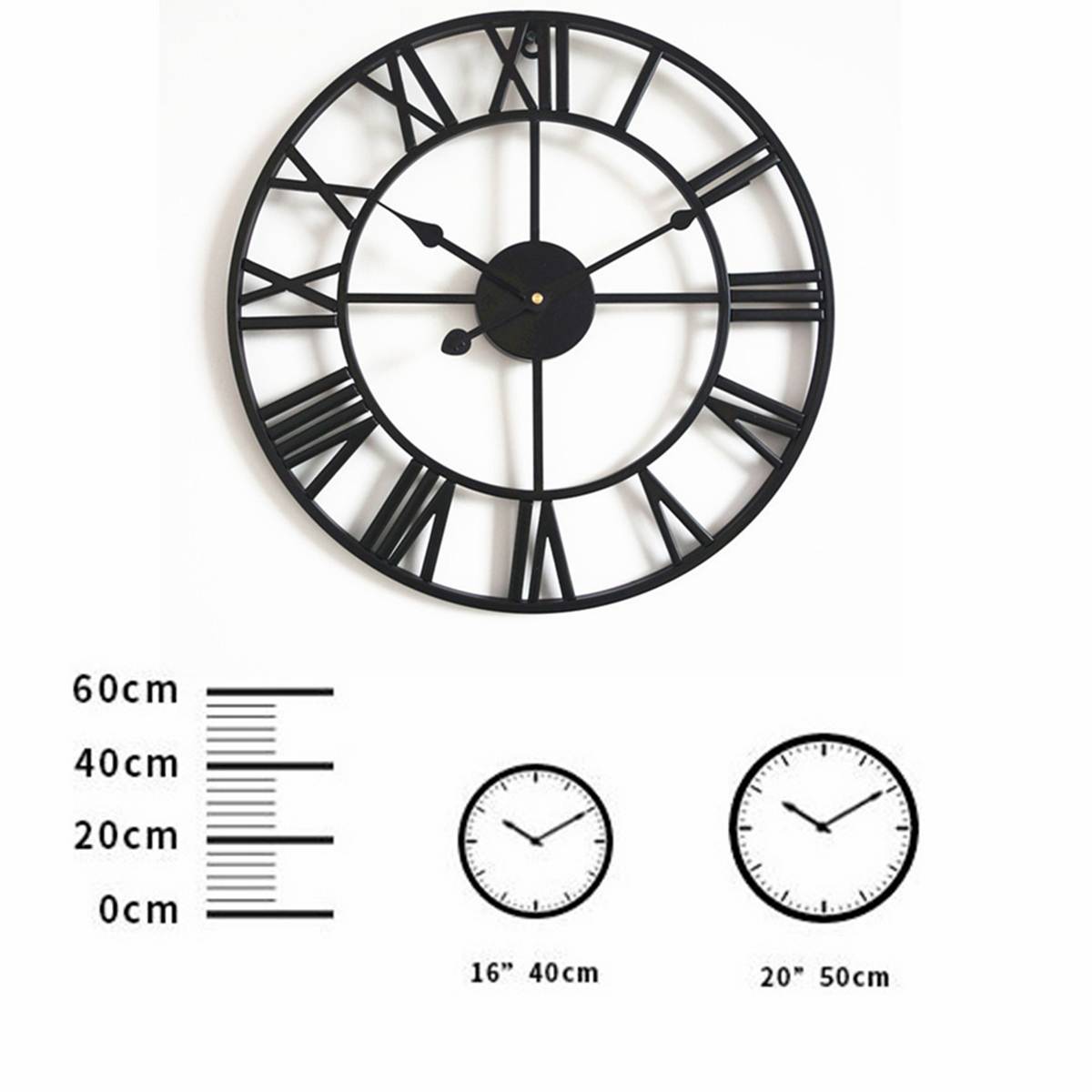 40cm/50cm moderne 3d store retro svart jern rund kunst hul metall veggklokke nordiske romertall klokke hjemmedekorasjon