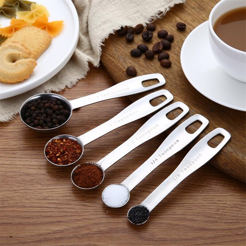 Cuillère à mesurer en acier inoxydable, 5 pièces, cuillère à mesurer pour l'assaisonnement du café, cuillère à mesurer pour la cuisson