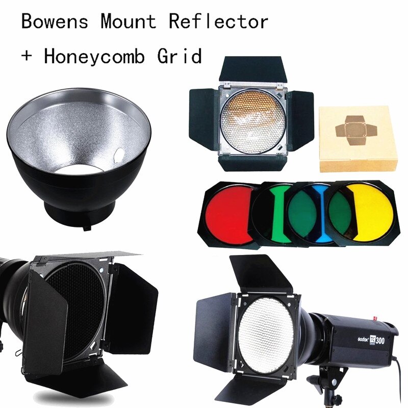 Godox – support réflecteur Bowens, pour Flash de Studio + porte de grange BD-04 grille nid d&#39;abeille + 4 filtres de couleurs