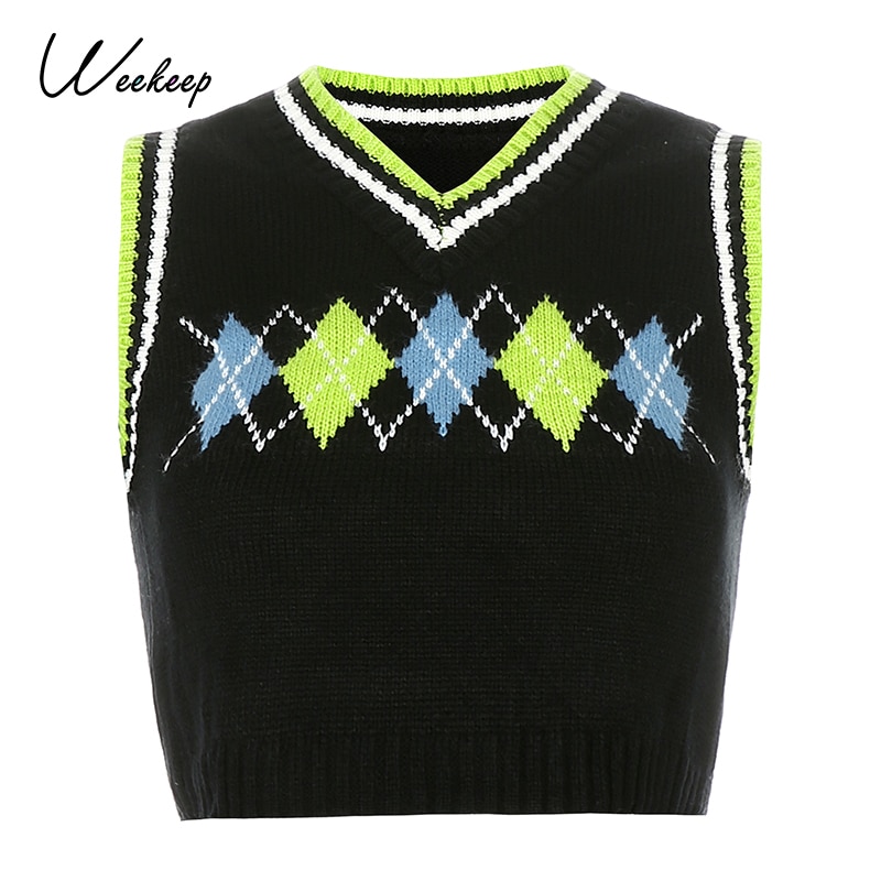 Weekeep Colorful Argyle Plaid Knitted Sweater Vest Women Preppy Style Streetwear 90s Retro Striped Patchwork Sleeveless Knitwear