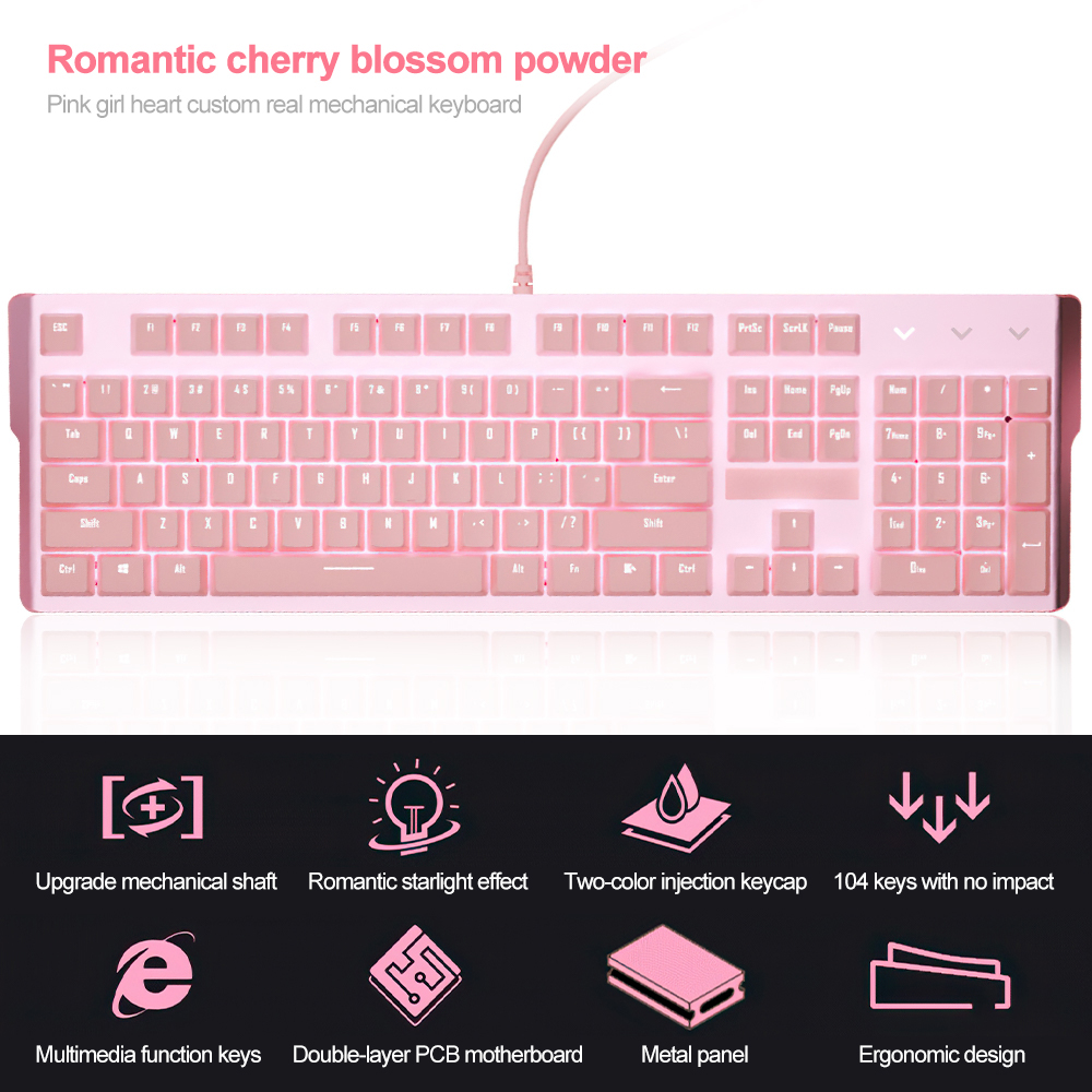 Cute Pink Gaming Mechanical keyboard Wired computer Keyboard 104key USB Interface White Backlight Suitable for Gamers PC Laptops