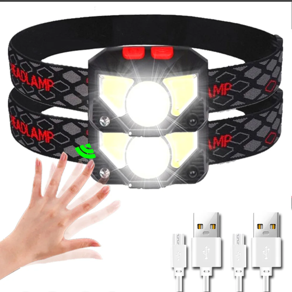6 moduser bevegelsessensor xpe+kolbe ledet-hodelykt lommelykt usb oppladbar vanntett campinghodelykt løping fiskelykt: Blå