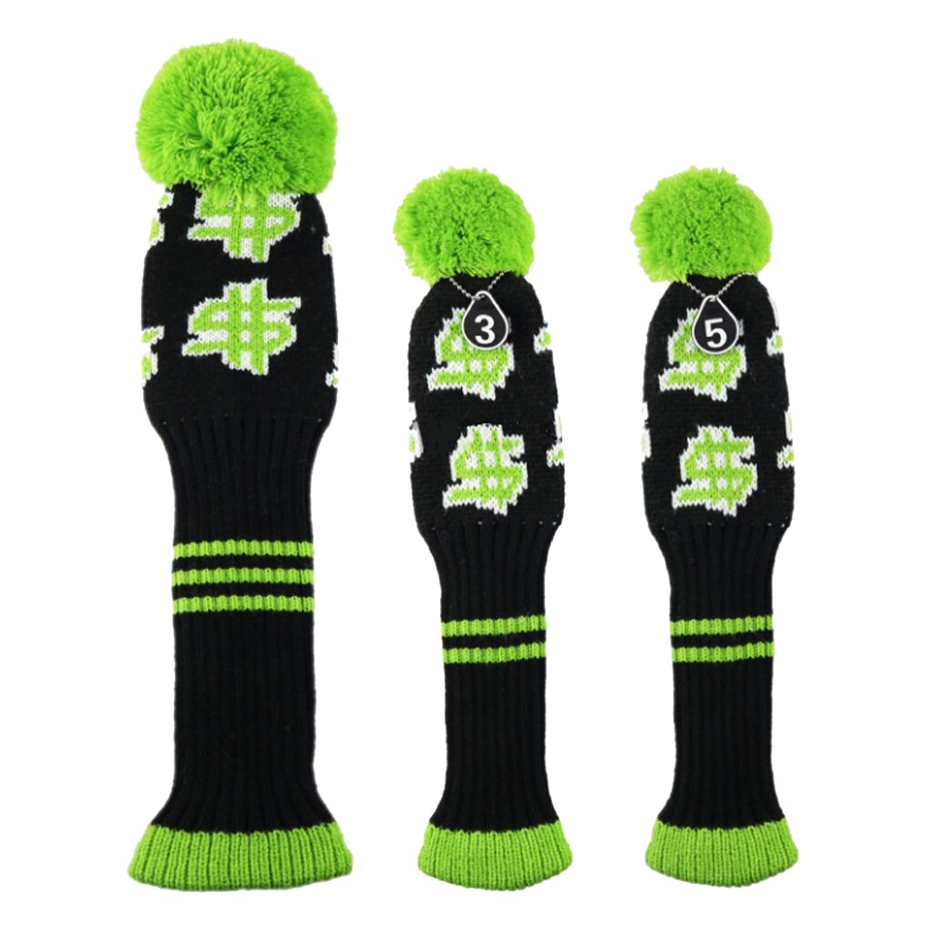 Stripes Knitted Golf Club Head Covers 3 Piece Set 1 3 5 Driver and Fairway HeadCovers with No. Tag: Black Dollars