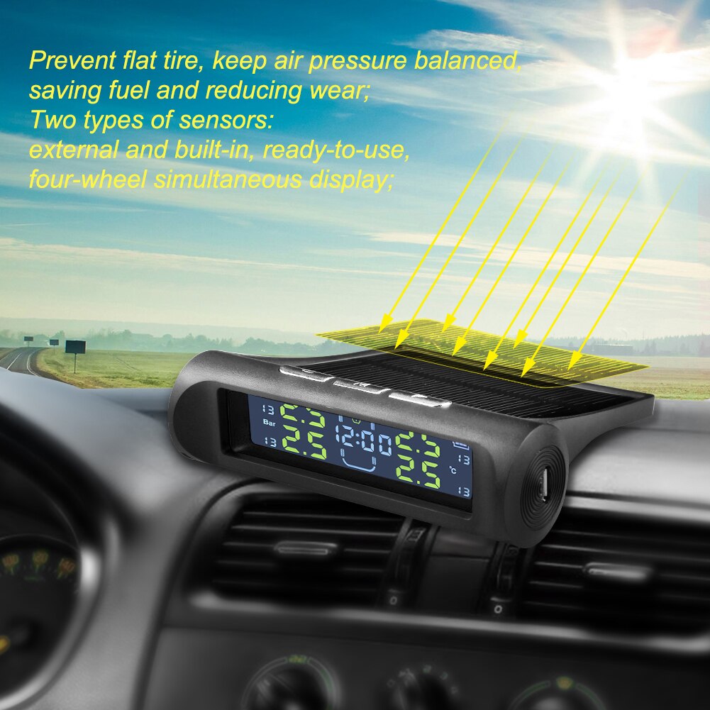An-01d deux-en-un horloge et pression des pneus voiture solaire Tpms horloge Lcd affichage sans fil système de surveillance de la pression des pneus