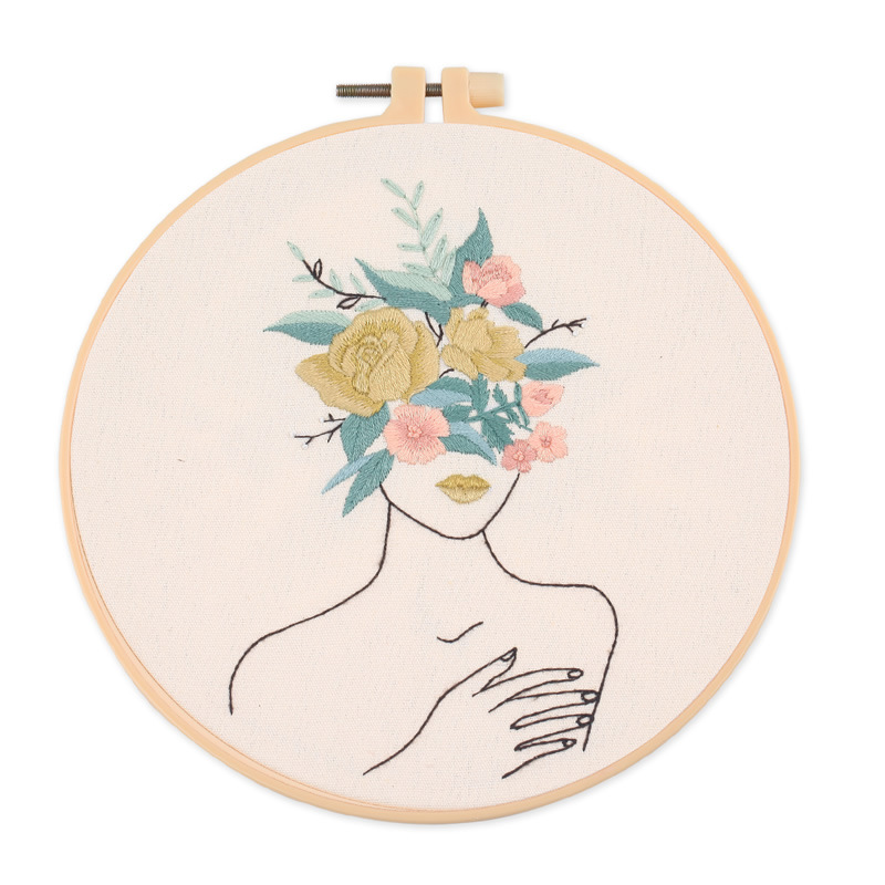 Flower Girl DIY Embroidery Start Kit with Hoop for Beginner Pattern Printed Figure Cross Stitch Sewing Art Craft: 1 / 20cm plastic hoop