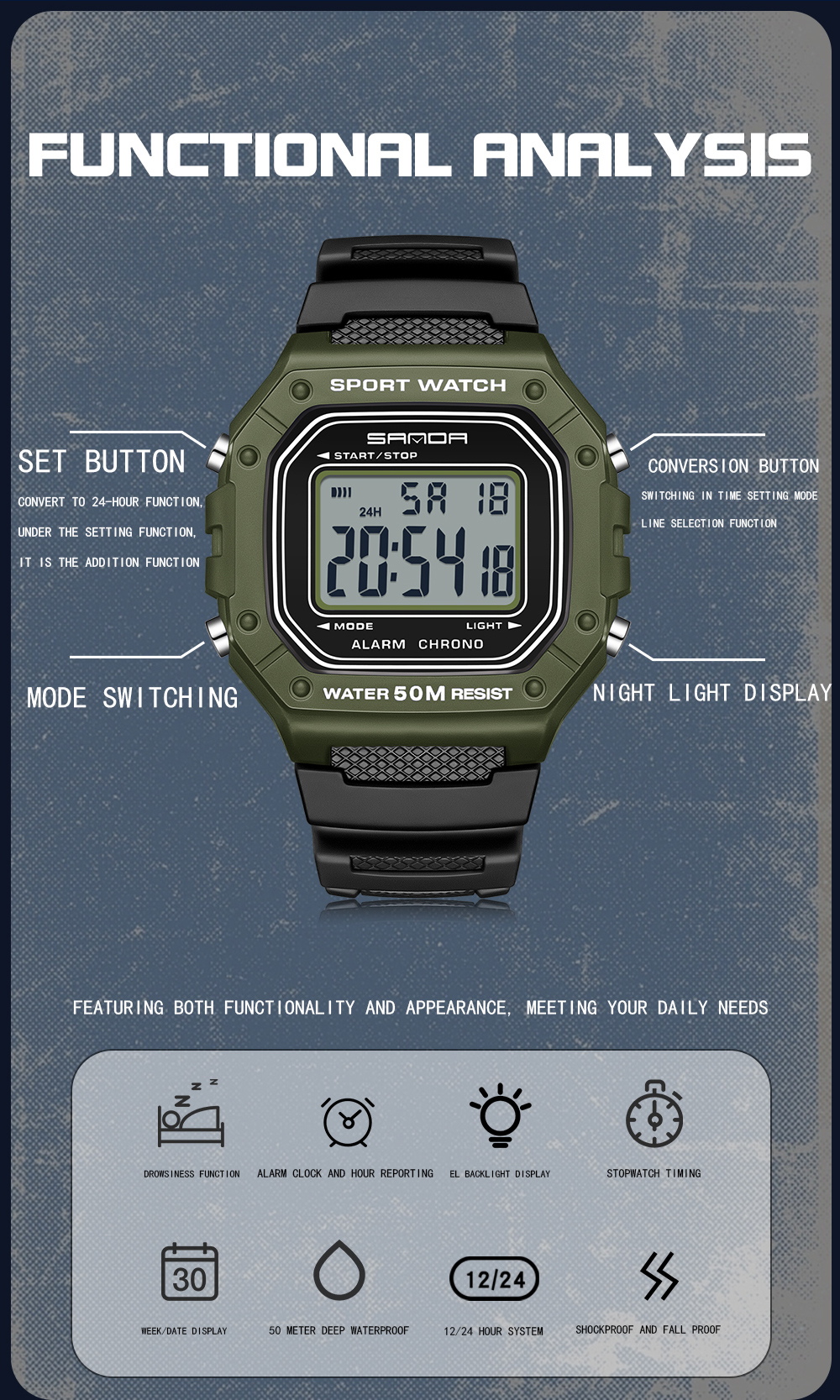 SANDA 2156 Herrenuhr, neues Modell, elektronisches digitales Uhrwerk, rechteckiges LED-Anzeige, Zifferblatt, draussen-Sport, wasserdichte männliche Armbanduhr