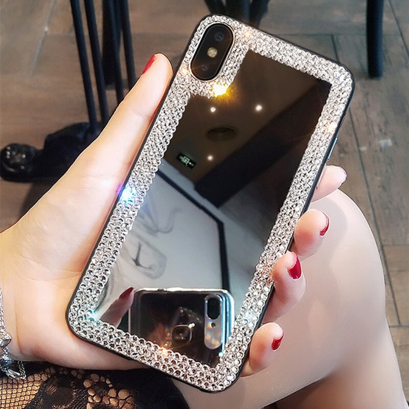 Luksus rhinestone diamant spejl telefon etui til iphone 13 11 pro max x xr  xs 12 blødt stødsikkert cover cover til iphone 7 8 plus