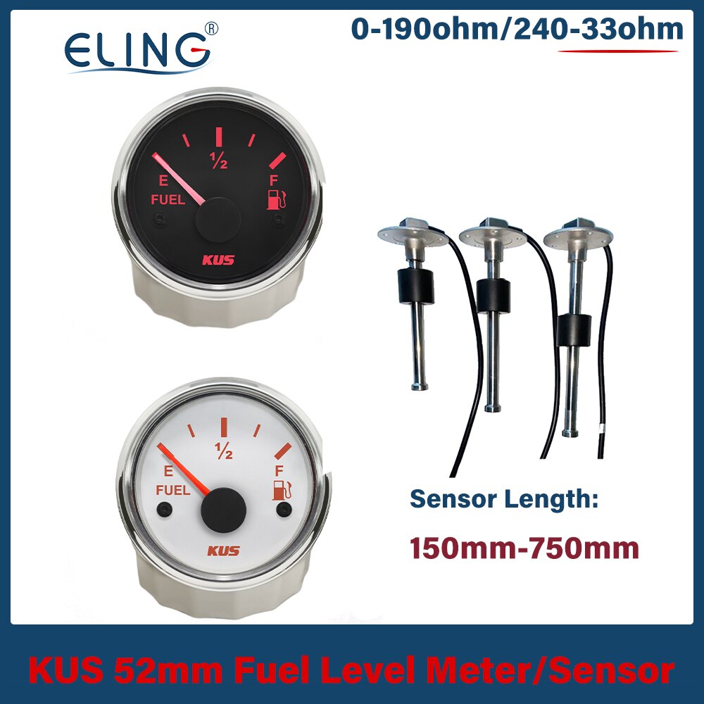 Kus 52Mm 0-190ohm 240-33ohm Brandstof Niveau Meter Olie Gauge Rood Geel Licht 9-32V Brandstof Sensor 175mm 200Mm 250Mm 300Mm 335Mm