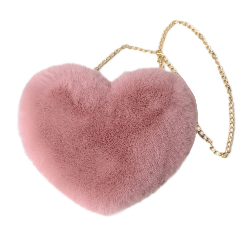 Women's Heart Shaped Faux Fur Crossbody Wallet Purse Chain Shoulder Bag Lady Handbag: Rubber red