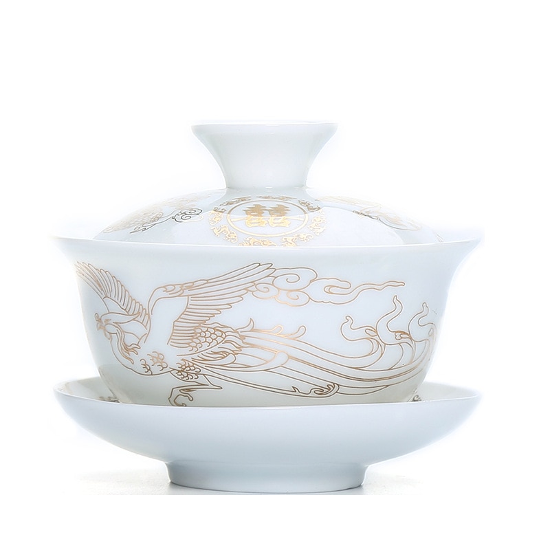 Exquisite Gaiwan tea set,Chinese traditional flower and bird pattern teacup,porcelain teapot tea set for travel easy kettle