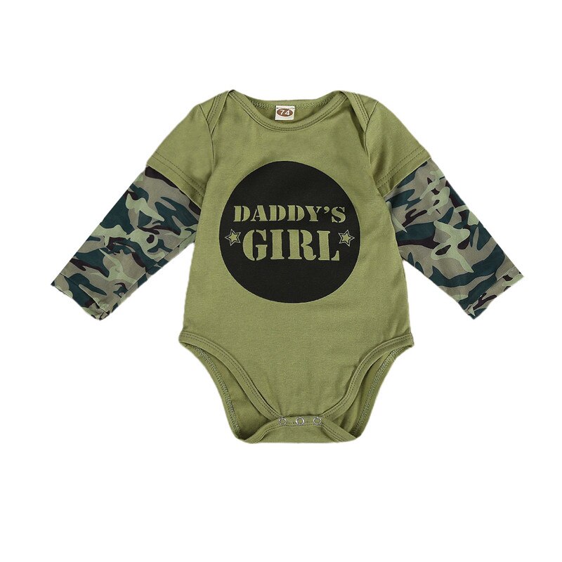 Geboren baby meisjes jongens outfits camouflage patchwork lange mouwen ronde hals knopen legergroen korte body's herfstkleding: A / 9 12 maanden