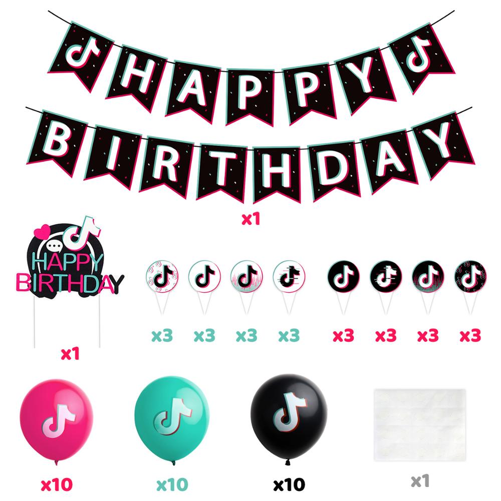 56Pcs Party Decoration TIK Themed TOK Birthday Printing Banner Balloon Cake Topper Music Sign Flags Toppers Decor Video for Fans