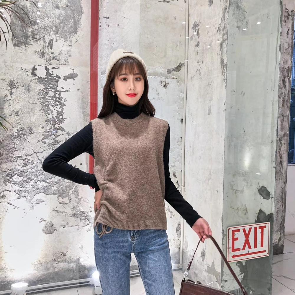 Kvinder strikket sweater vest forår koreansk stil blonder pullover ærmeløs vest strik blå vest pull  t456: Khaki