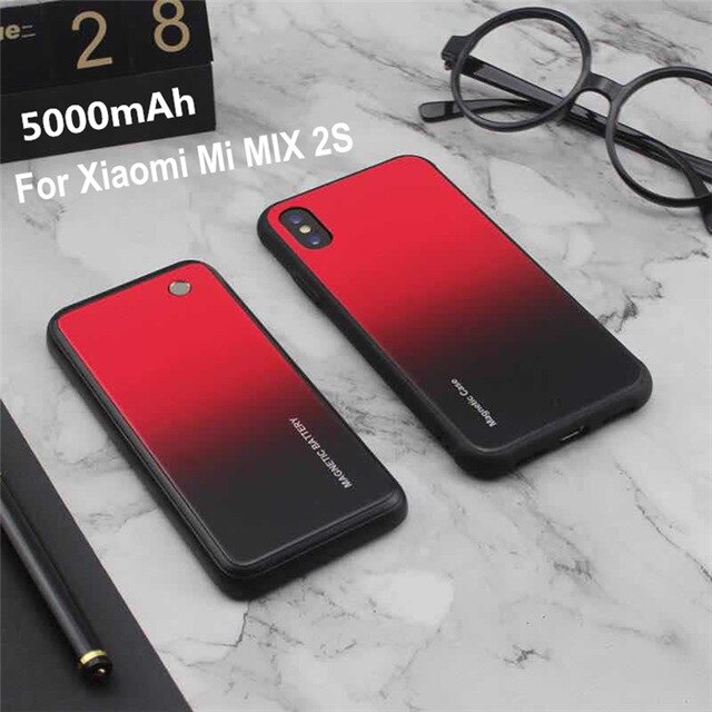 Wireless Magnetische Batterie Ladegerät Fällen Für Xiaomi Mi MIX 2S Batterie Fall Gehärtetes Glas Power Fall Für Mi MIX 3 lade Abdeckung: Red For MIX 2S